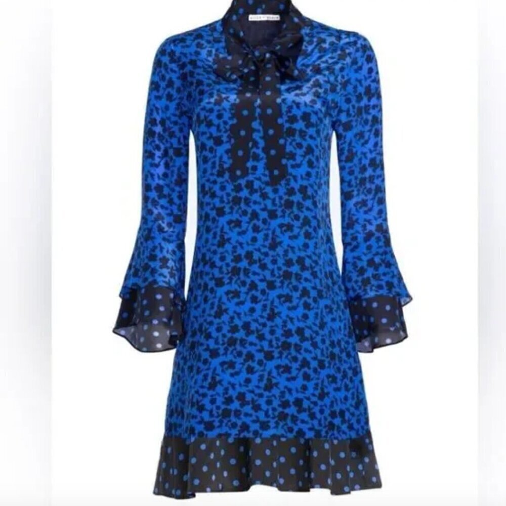 Alice + Olivia Wellesly Dress Ditsy Daffodil Floral Polka Dots Blue Black New XS